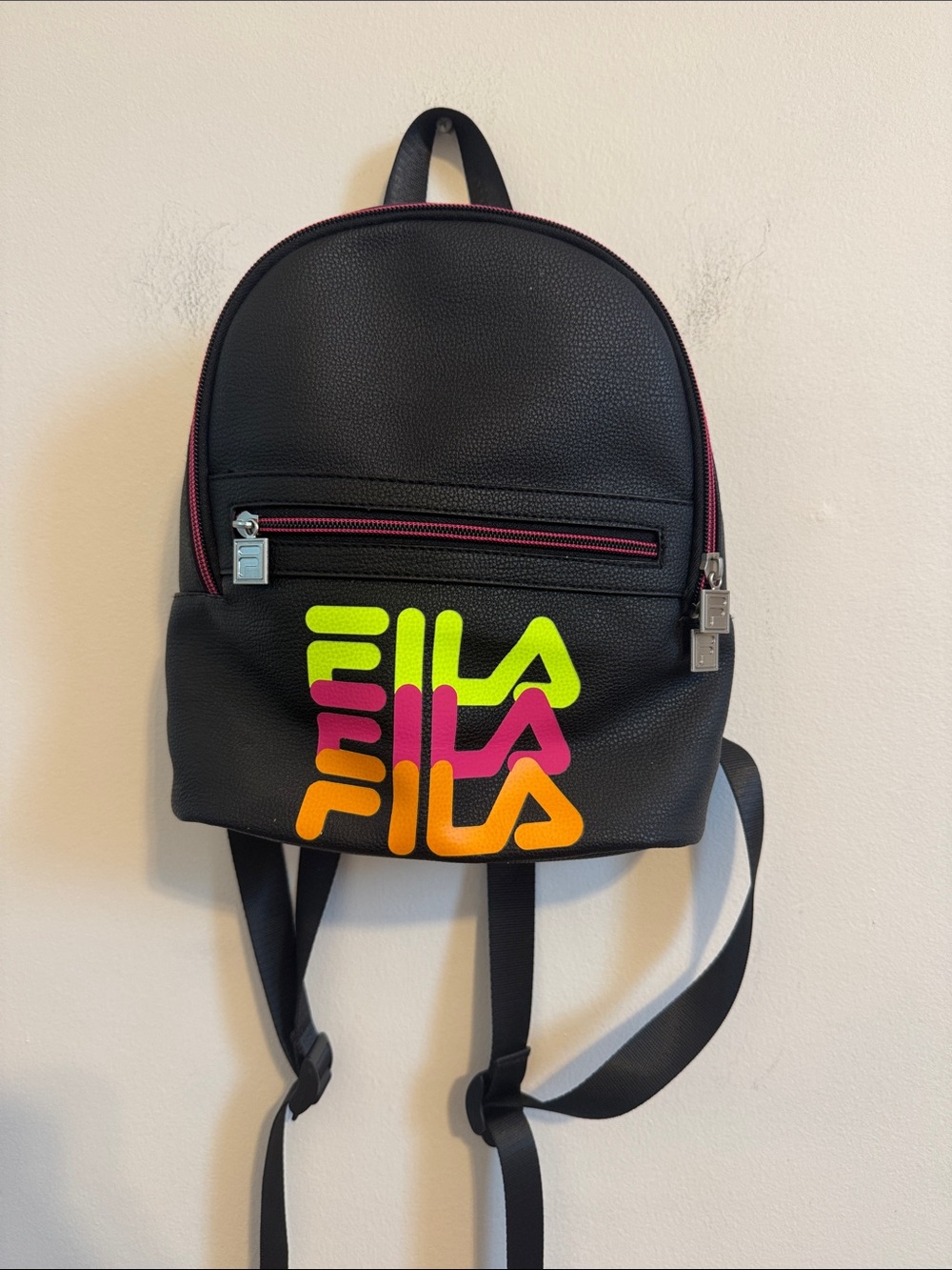 FILA Black Mini Backpack with Neon Green Pink Orange Logo